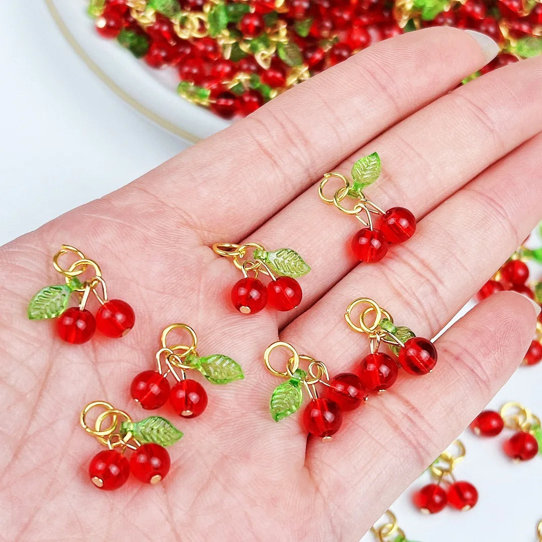 50pcs Per Bag Cute Design Lovely Styles Red Beads Green Leaf Cherry Charms Pendant for Jewelry Making Accessories