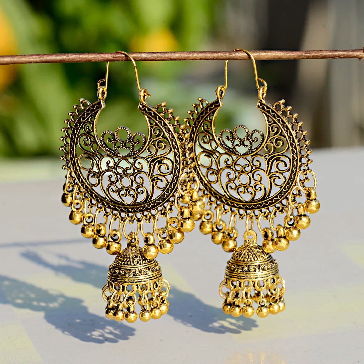 Classic Vintage Egypt Gold Carved Jhumka Jhumki Earrings Women Tibetan Indian Jewelry Ethnic Bells Tassel Tribal Gypsy