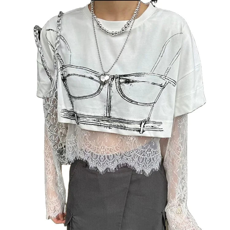 TWOTWINSTYLE Patchwork Lace Two Pieces Printed Short Sleeve T Shirt Cotton Woven Sets Casual Women Clothing