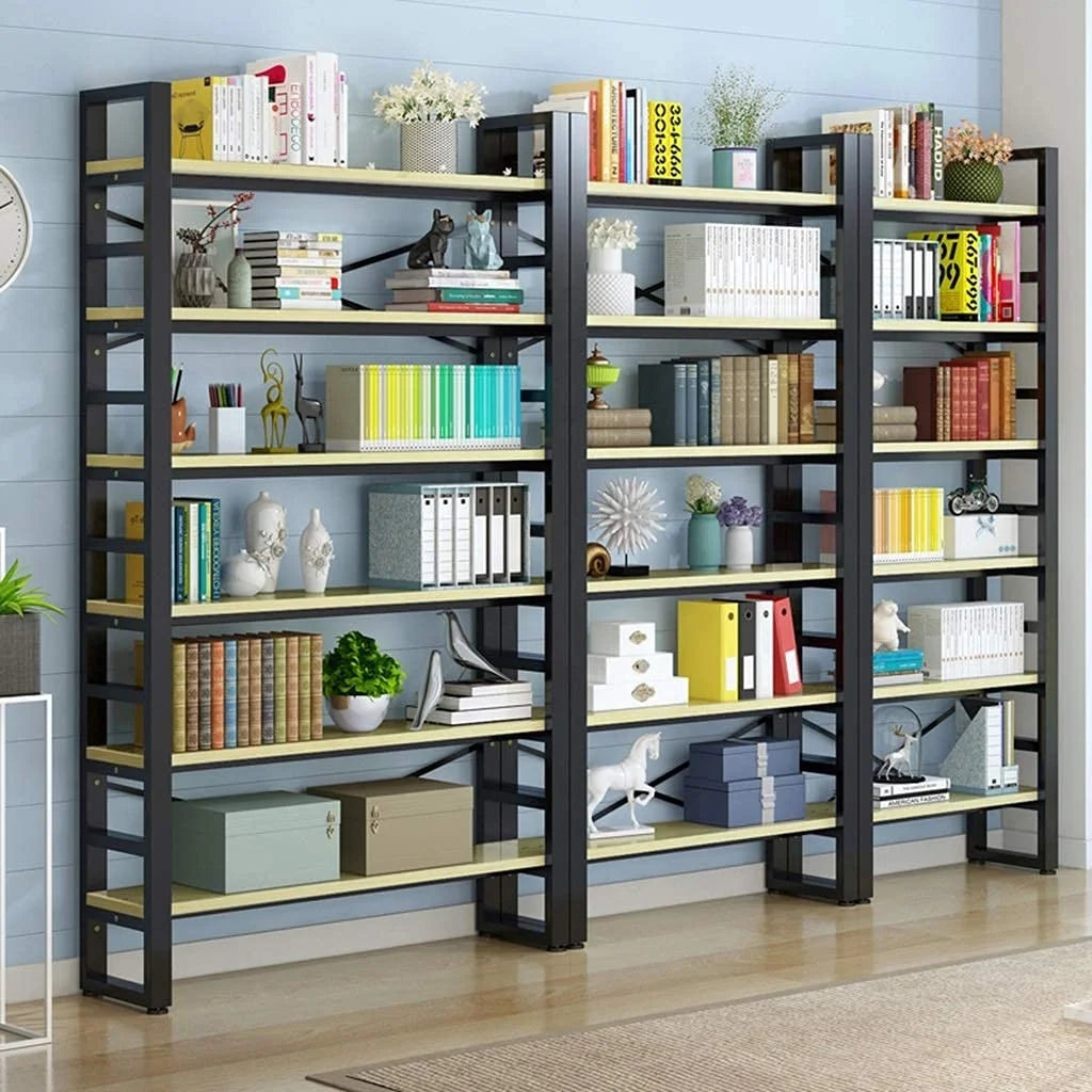 Keway Double-Sided MDF Panels Standing Bookshelf Industrial Multilayer Bookcase Metal Wood Storage Display Rack Home Office Shop
