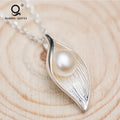 Women Sterling Silver Jewelry Leaf Real Freshwater Pearl Pendant Necklace