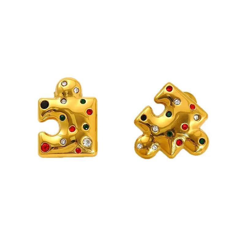 8K Gold-Plated Stainless Steel Puzzle Inlaid Colored Crystal Stud Earrings for Women