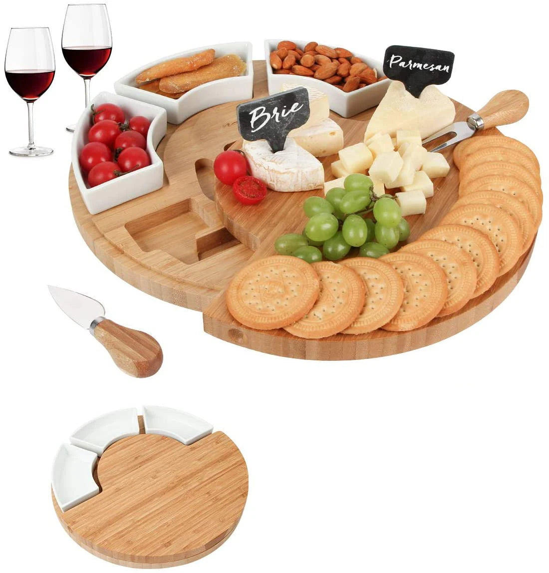 Acacia Wood Round Cheese Cutting Board Set with 3 Ceramic Plate Cheese Serving Platter MegaBDM