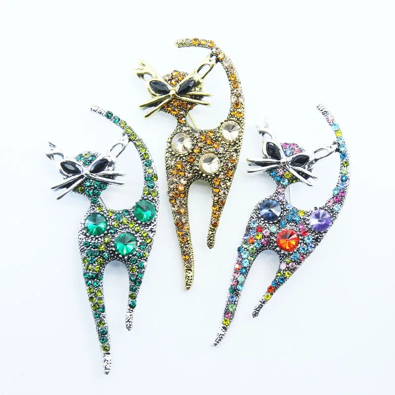 Vintage Rhinestone Cat Brooches for Women Metal Multi-color Cat Animal Casual Party Brooch Pins Gifts