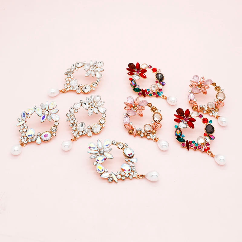 Exaggerated Jewelry Multi-color Crystal Rhinestone Flower Stud Earrings Baroque Pearl Flower Fashion Earrings 2023