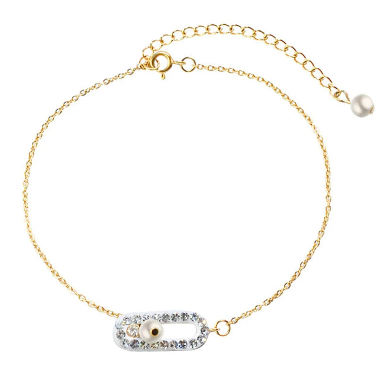 Gold Plated PVD Plating Stainless Steel Simulation Pearl Enamel Zircon Crystal Paperclip Bracelet Anklet
