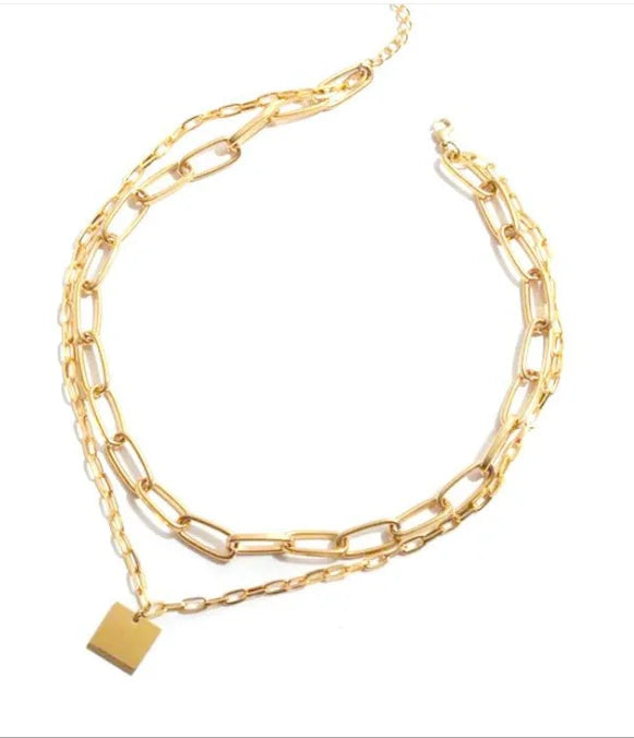 18K Gold-Plated Copper Thick Double-Layer Clavicle Chain Geometric Square Pendant Necklace-Gift Wedding Jewelry