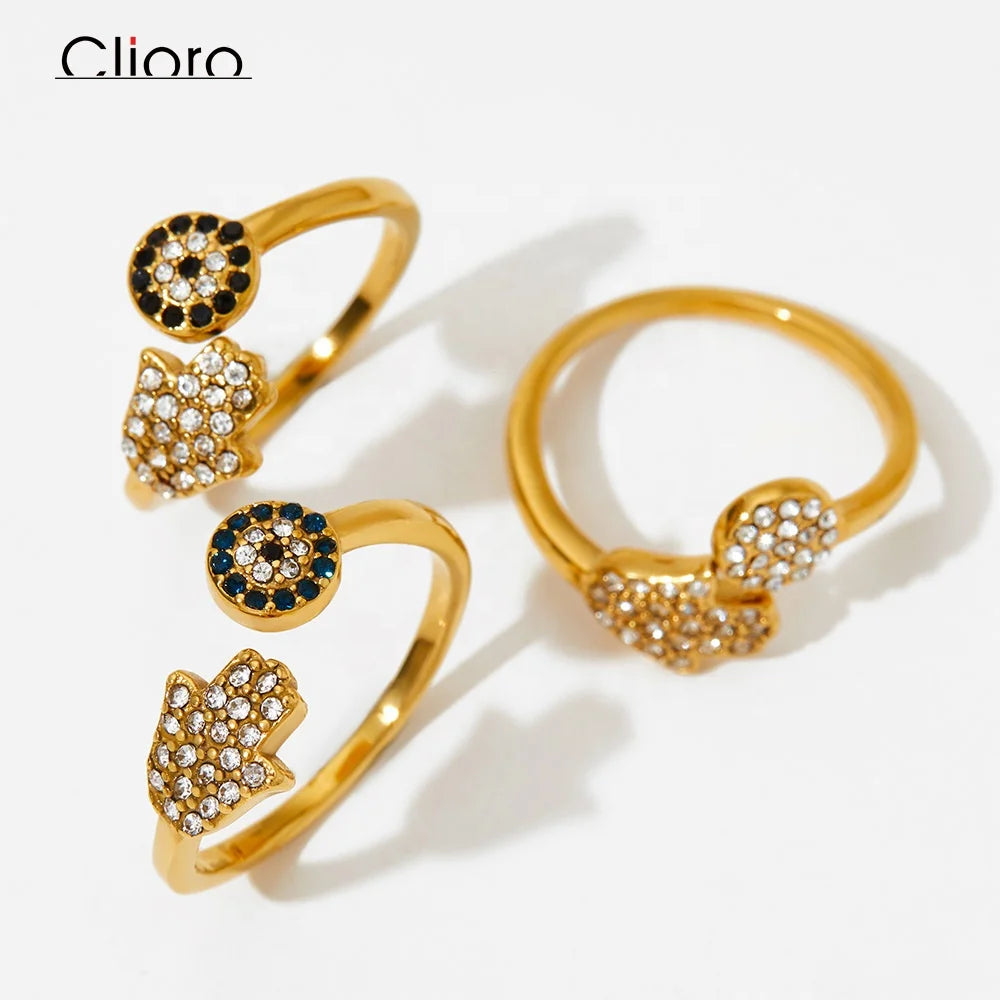 Turkish Blue Eye Open Finger Rings for Women Gold Plated Stainless Steel with CZ Micro Pave Hand Eye Adjustable Trendy Style