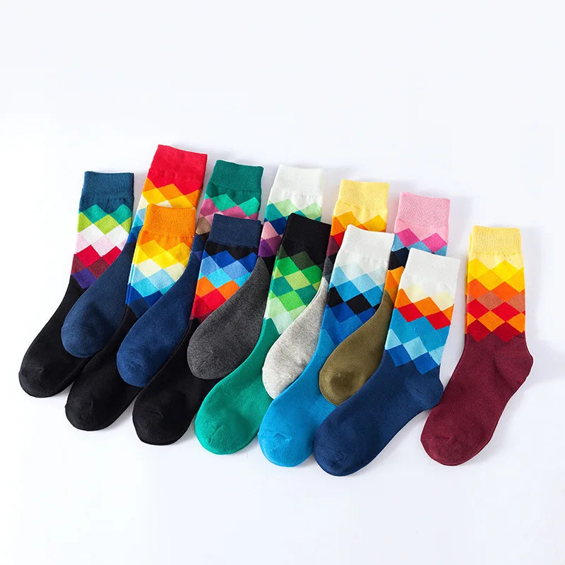 High Elastic Rhombus Pattern Mens Funny Sports Cotton Colorful Happy Crew Socks
