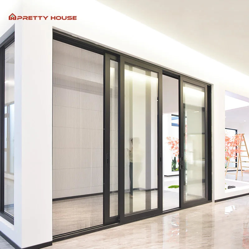 Modern Design Double Glass Aluminum Sliding Door With Gauze Mesh