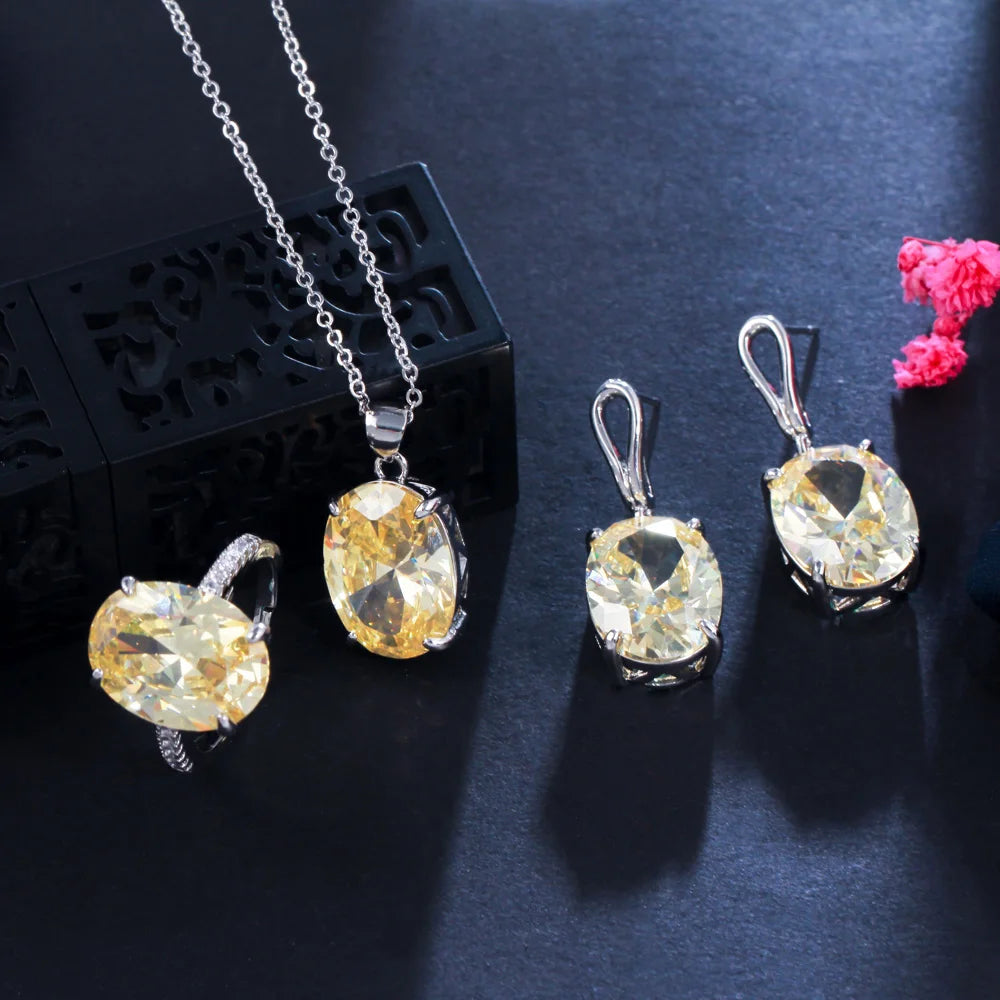 3 Pcs Jewelry Set Yellow Color Claw Setting Oval Cubic Zircon CZ Silver Plated Chain Necklace Earrings Ring for Women Travel