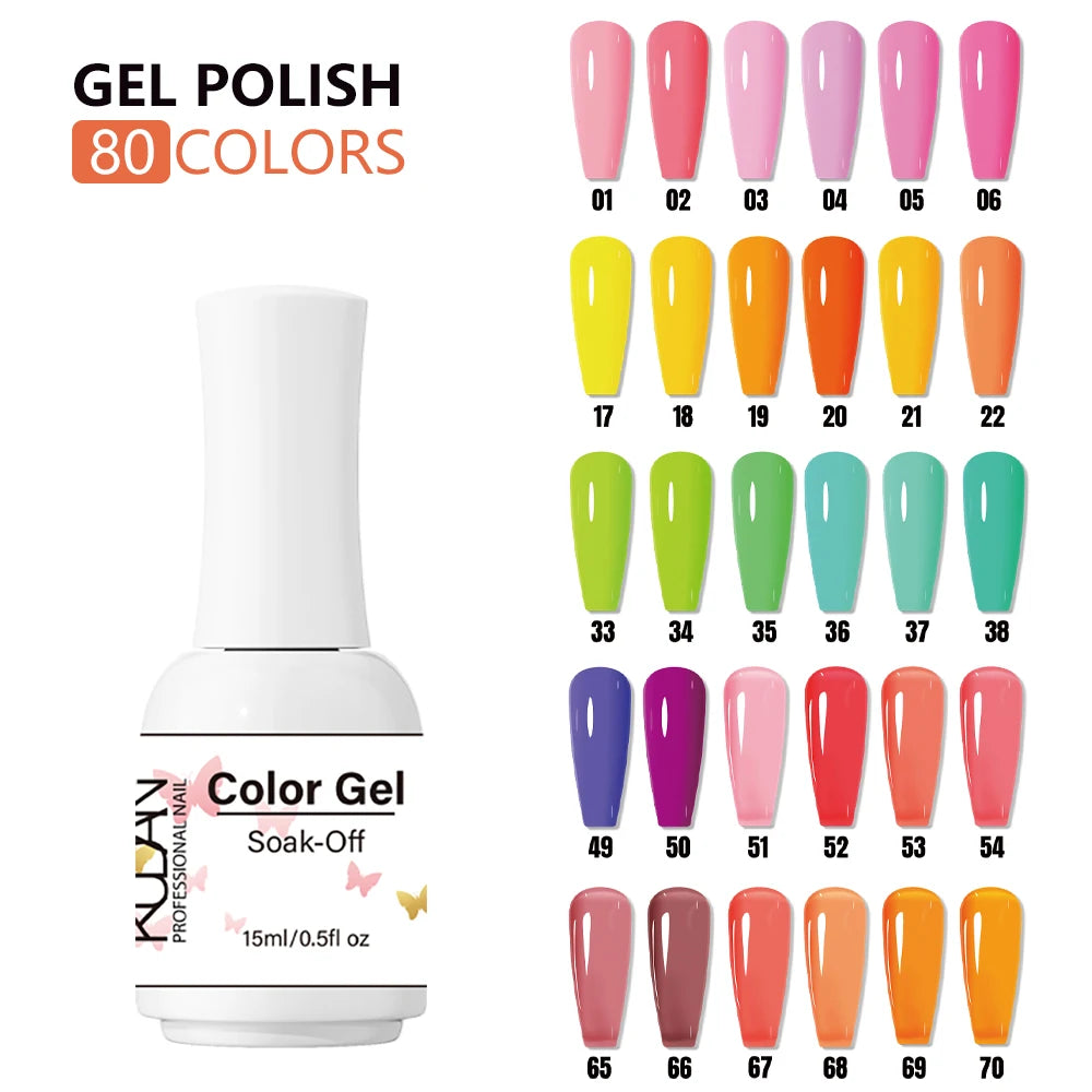 KUDAN Nail Gel Pro 80 Colors Nail Polish Gel Non-Toxic Low Odor Long-Lasting DIY Nail Tools UV Gel Nail Polish