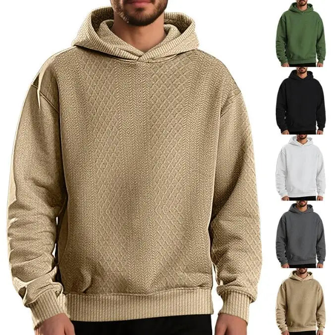 Fall Winter Men's Casual Loose Hoodies Solid Color Jacquard Long Sleeve Sweatshirt for Male