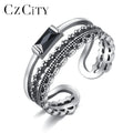 CZCITY Hiphop Style Genuine 925 Sterling Silver Open Rings for Women Retro Silver Stackable Finger Ring