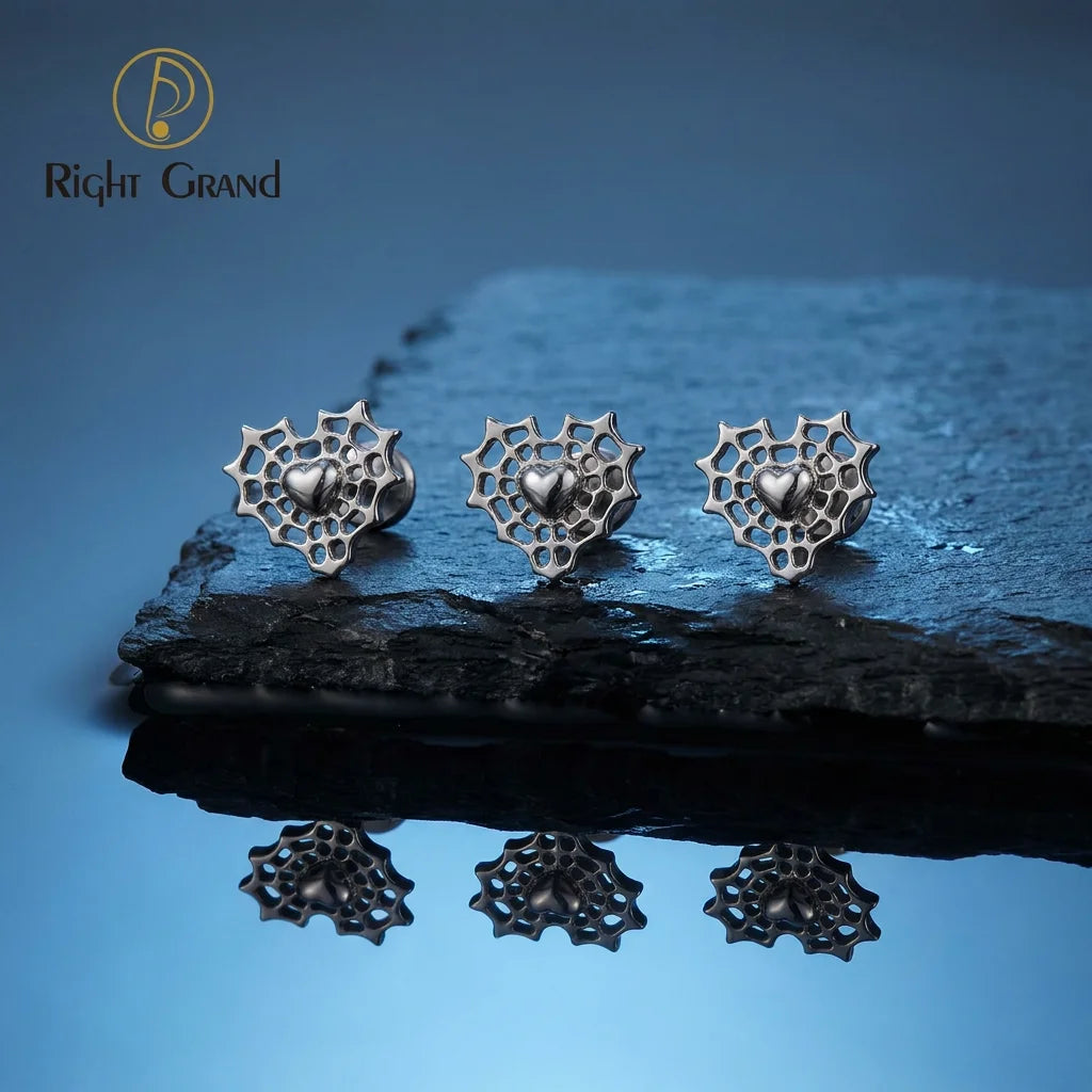 ASTM F136 Titanium 16G Spider Web Heart Flat Back Earring Cartilage Helix Tragus Conch Monroe Medusa Labret Piercing