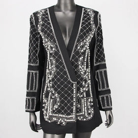 2024 Spring and Summer New Fashion Luxury Beaded Long-sleeved Mid-length Suit Jacket for Women Shiny Top V-neck Design