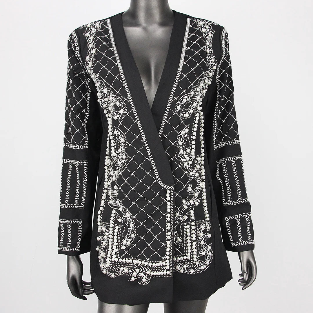 2024 Spring and Summer New Fashion Luxury Beaded Long-sleeved Mid-length Suit Jacket for Women Shiny Top V-neck Design
