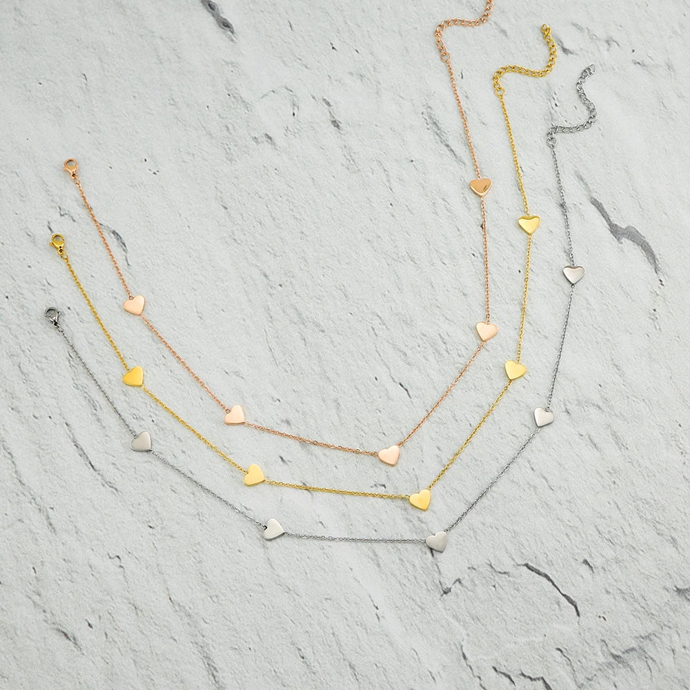 Multi-Heart Cute Love Choker Necklace Stainless Steel Link Chain Fashion Jewelry with Gold Plating for Parties