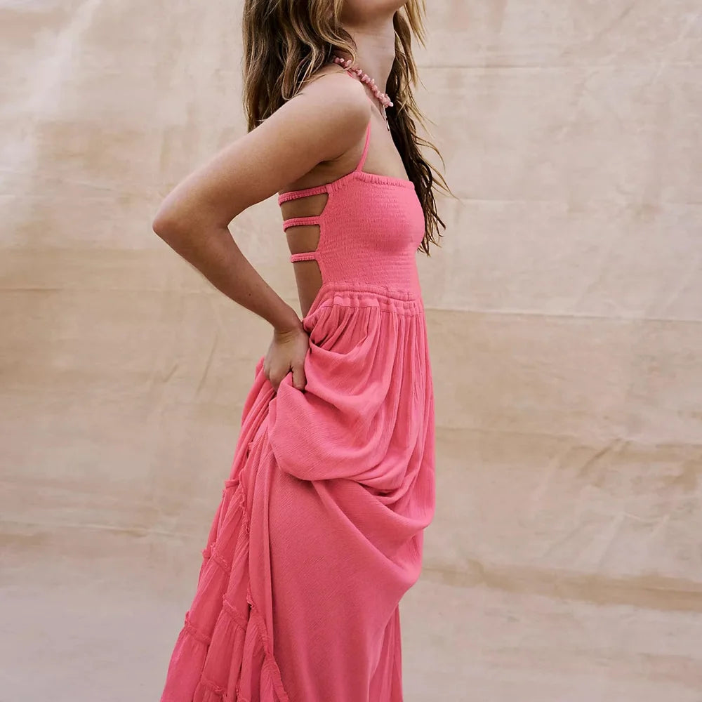 Customize Ladies Bohemian Style Ruffles Halter Maxi Dress Smocked Bodice Cut-out Back Washable Eco-Friendly Long for Beach