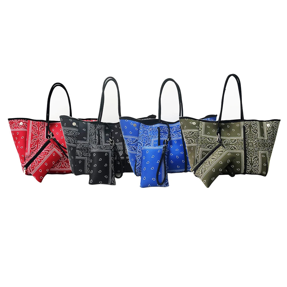 Fashion Travel Neoprene Multipurpose Womens Handbag Beach Tote Bag with Inner Zipper Purse Hasp Casual Tote Jinyi Paisley JY8244