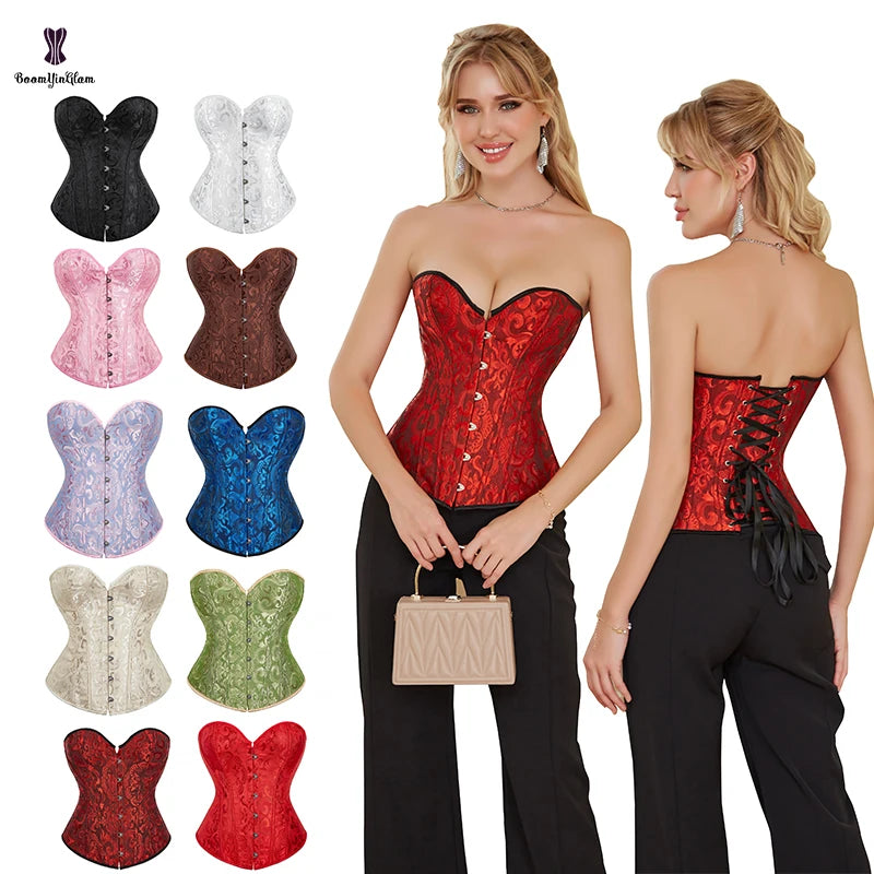 BoomYinGlam Wholesale Gothic Victorian Korset Women Cloth Jacquard Lace Trimmer Boned Overbust Corsets and Bustiers to Wear Out