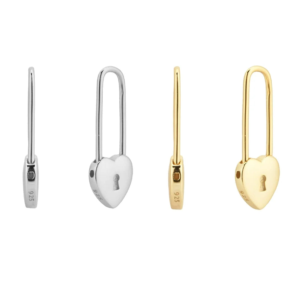 FUAMAY 925 Silver Heart Padlock Safety Pin Hoop Earrings  Woman Silver Safety Pin Earrings Orecchini