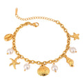 N&S 18K Gold Stainless Steel Imitation Pearl Pendant Bracelet Trendy 18+5CM with Starfish Sea Shell Ribbed Shell