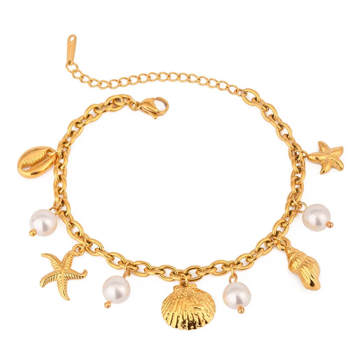 N&S 18K Gold Stainless Steel Imitation Pearl Pendant Bracelet Trendy 18+5CM with Starfish Sea Shell Ribbed Shell