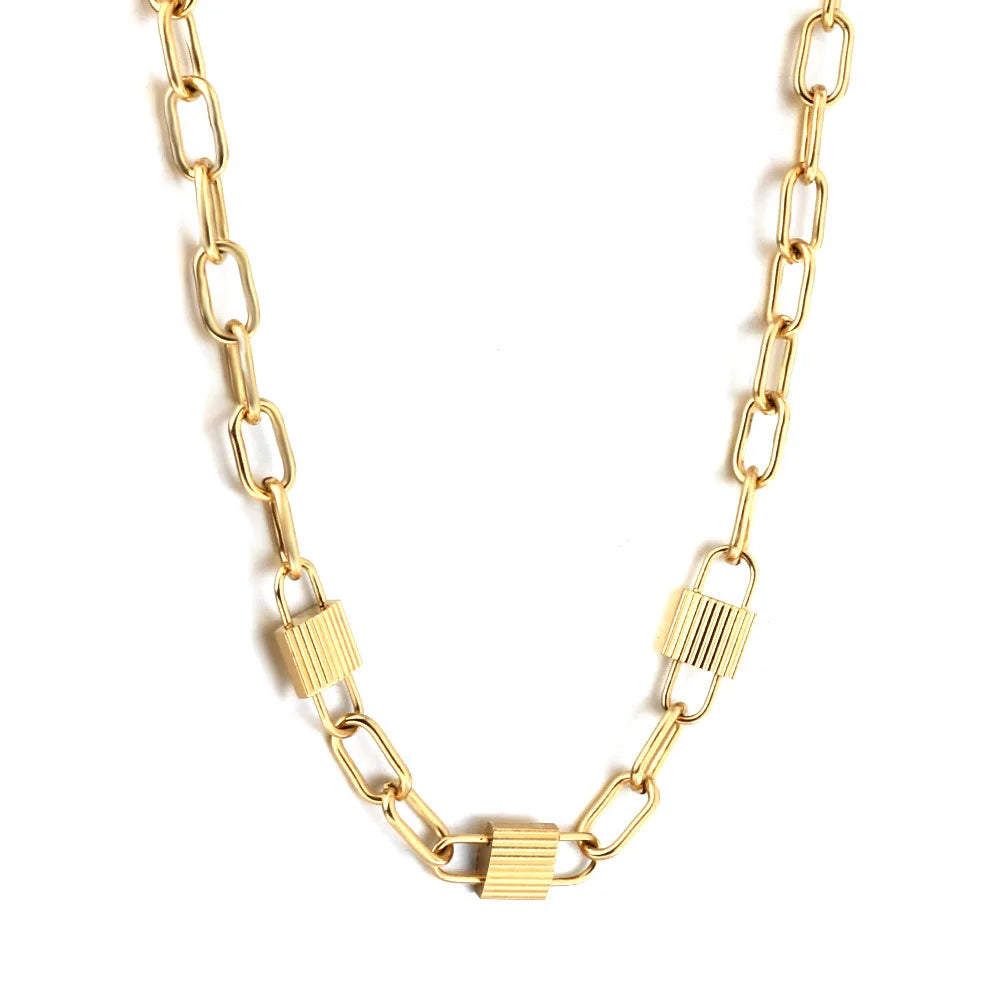 New Stainless Steel 18K Gold Plated Chunky Chain Choker Lock Necklace Women