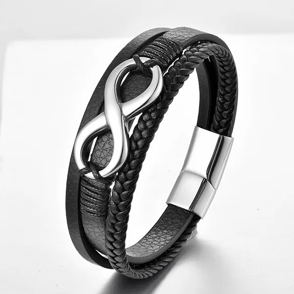 Personalized Multilayer Silver Plated Stainless Steel Magnetic Buckle Woven Genuine Leather Trendy Infinity 8 Charm Bracelet