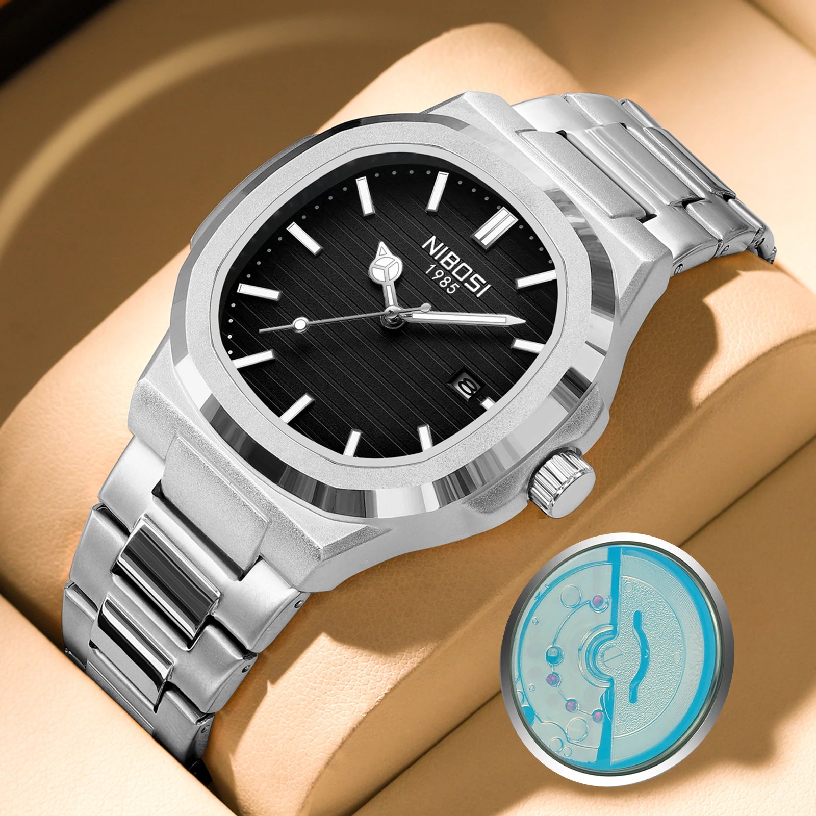 NIBOSI 2619 Men's Luxury Quartz Wrist Watch Waterproof Creative Mechanical Version with Alloy Steel Band Business Dial