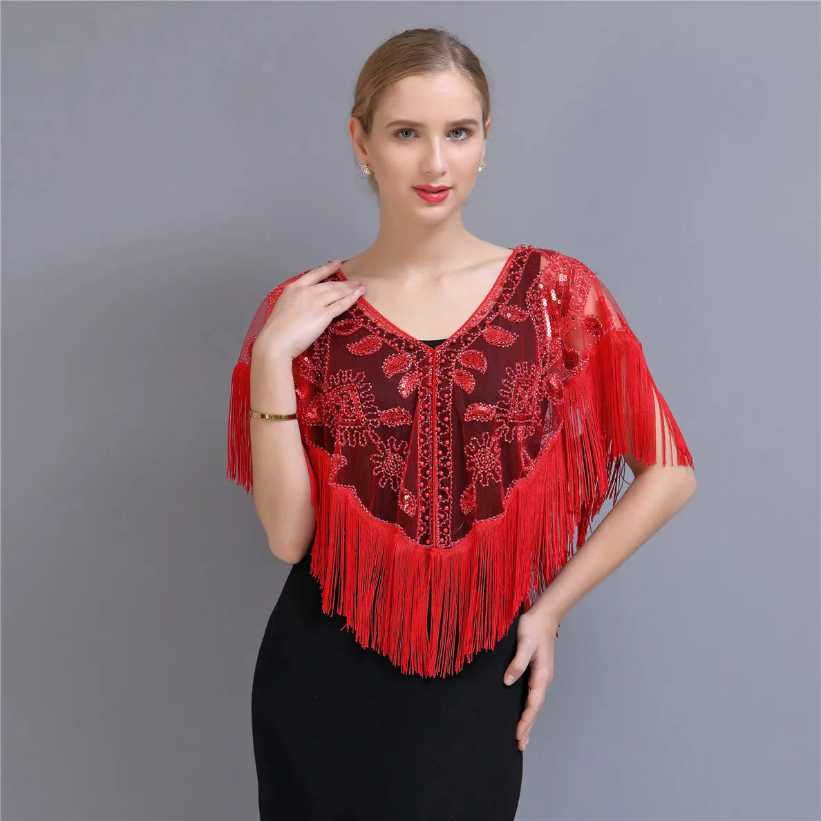 2025 Lady's New Design 1920 Vintage Sequin Embroidered Lace Shawl Tassel for Cocktail Evening Party Dress Featuring Leaf Letter