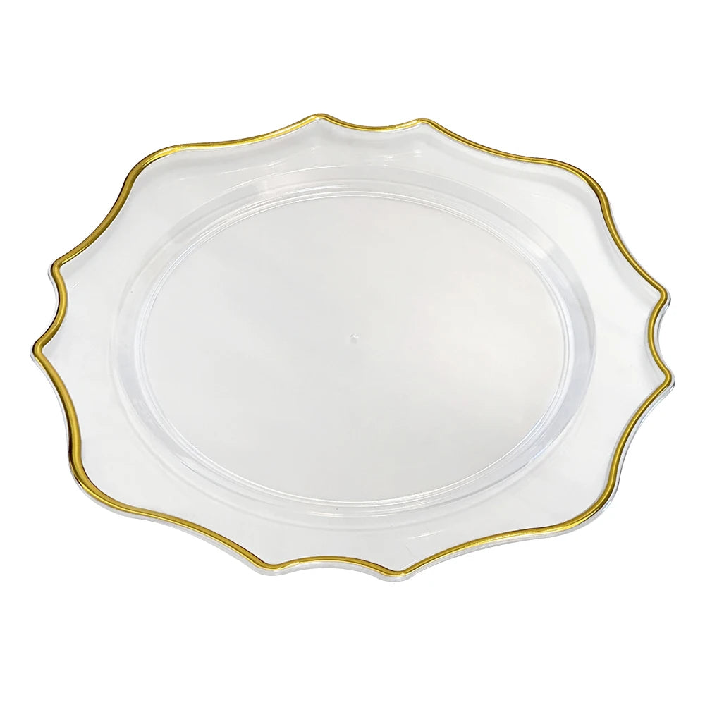 13 Inch Gold Chargers Luxury Eco-friendly Reusable Dinnerware Sets Flower Clear Plastic Plates for Wedding Decoration