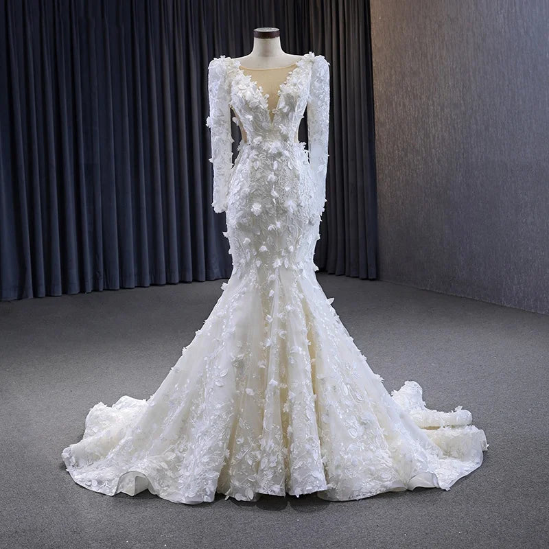Jancember 231085 Ivory Illusion Appliqued Elegant Wedding Mermaid Dresses