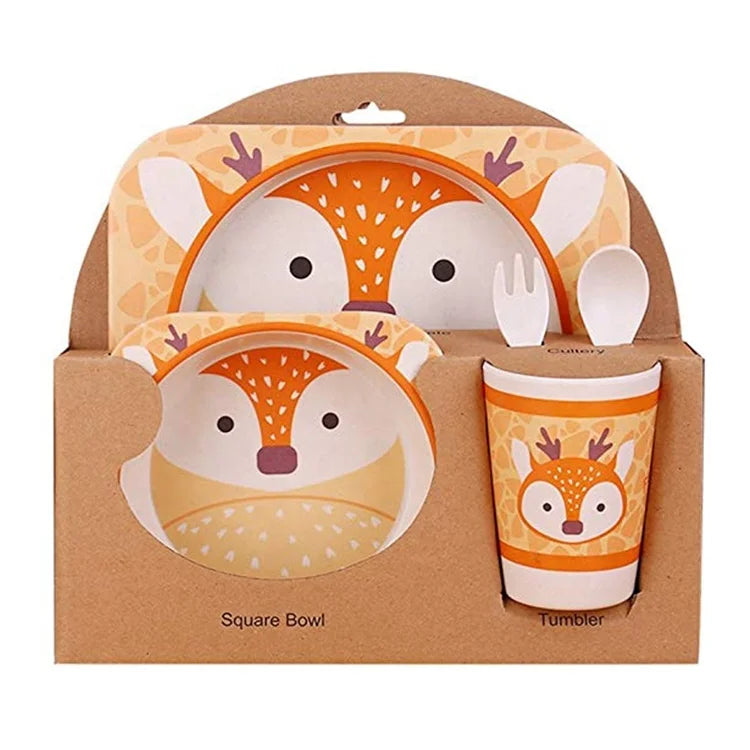 5pcs Cute Animal Bamboo Fiber Kids Dinner Plate Set Eco-friendly Bamboo Fiber Kids Dinnerware Sets