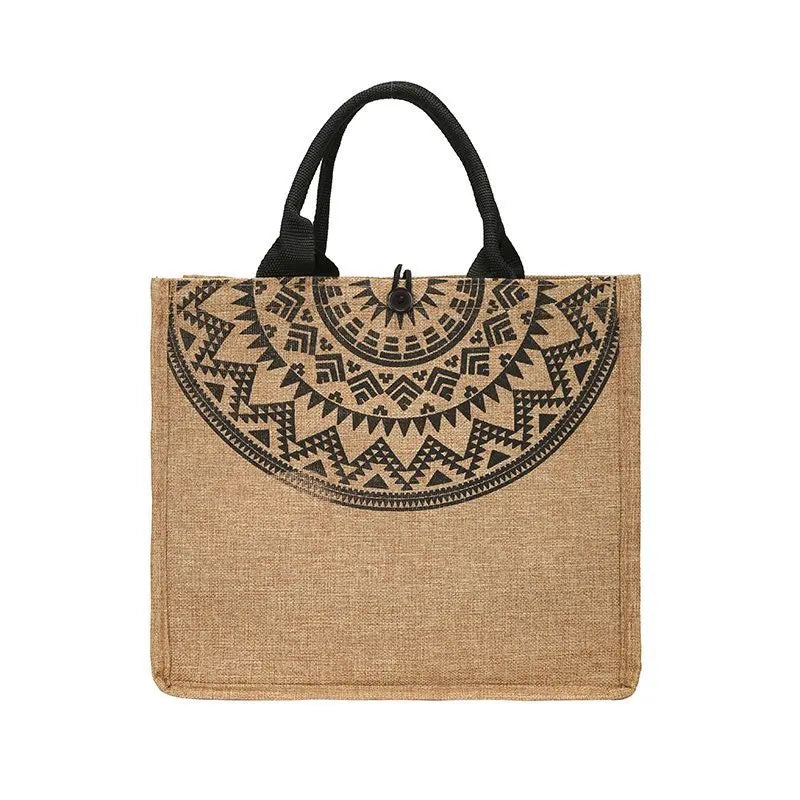 In Stock Eco-Friendly Natural Gift Bohemia Printed with Cotton Handles Burlap Linen Jute Tote Bag