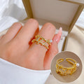 Anillo De Acero Inoxidable Layers Ring Luxury 18K Gold Plated Open Adjustable Ring Full Zircon Pearl Wedding Finger Ring