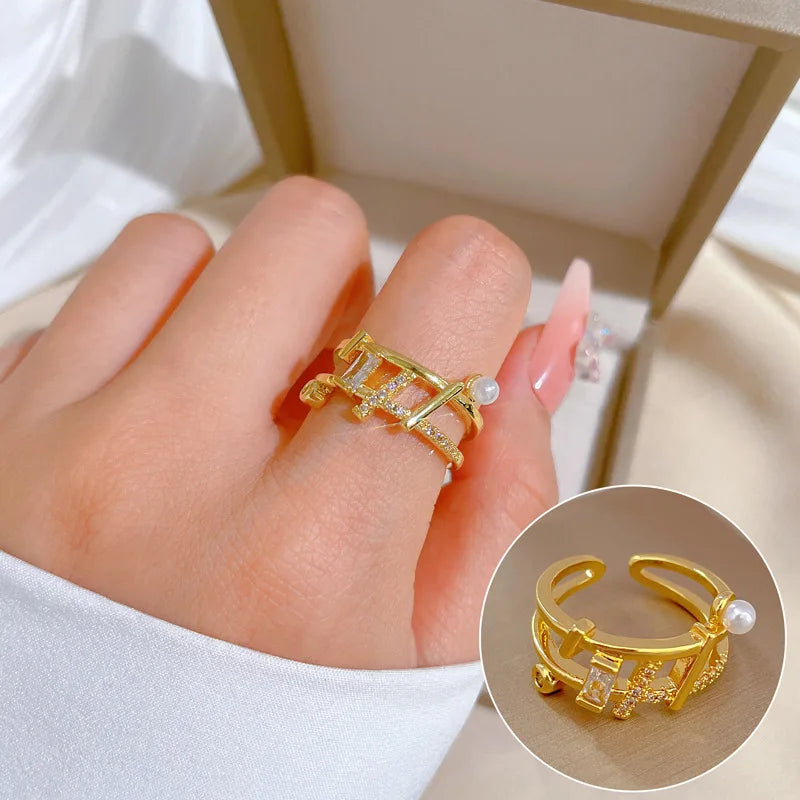 Anillo De Acero Inoxidable Layers Ring Luxury 18K Gold Plated Open Adjustable Ring Full Zircon Pearl Wedding Finger Ring