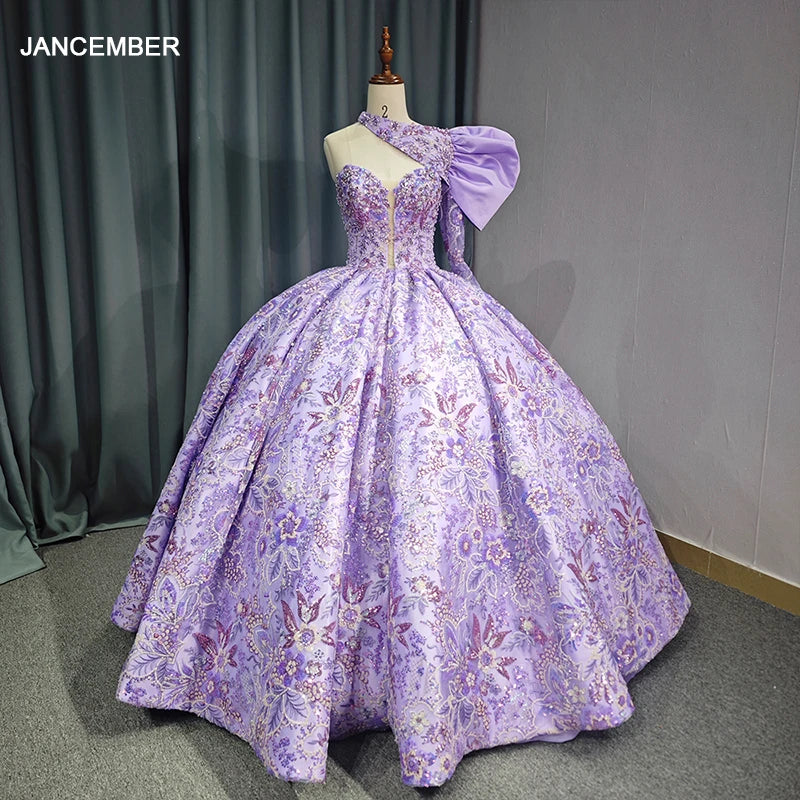 Princess Purple One Shoulder Ball Gown Quinceanera Dress Beaded Birthday Prom Dresses for Girl Bow Lace up Back 6687