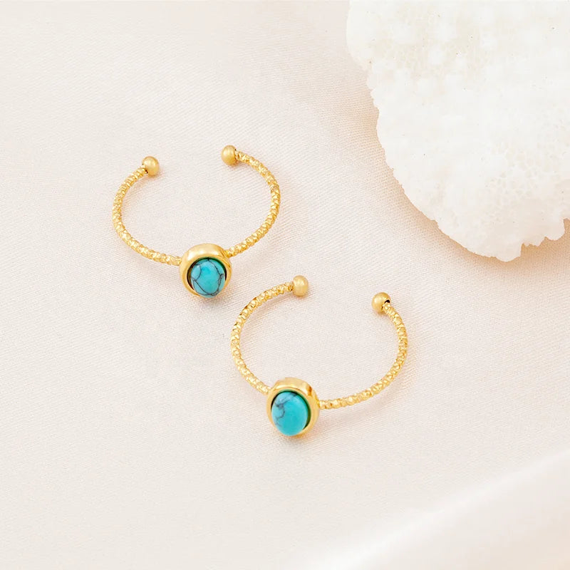 Elegant New Design Fashion Simple Jewelry Geometric Open Stainless Steel Gold Plated Turquoise Adjustable Woman Luxury Ring