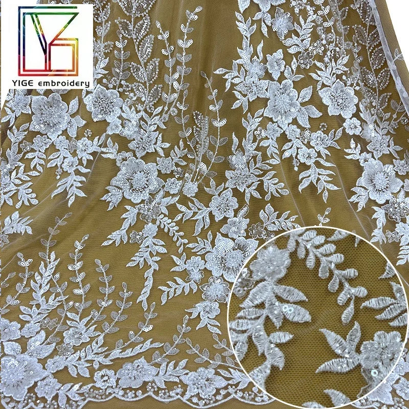 French Bridal Mesh Beaded White Wedding Gown Tulle Sequins Lace Fashion European American Style Dress Embroidery Lace Fabric