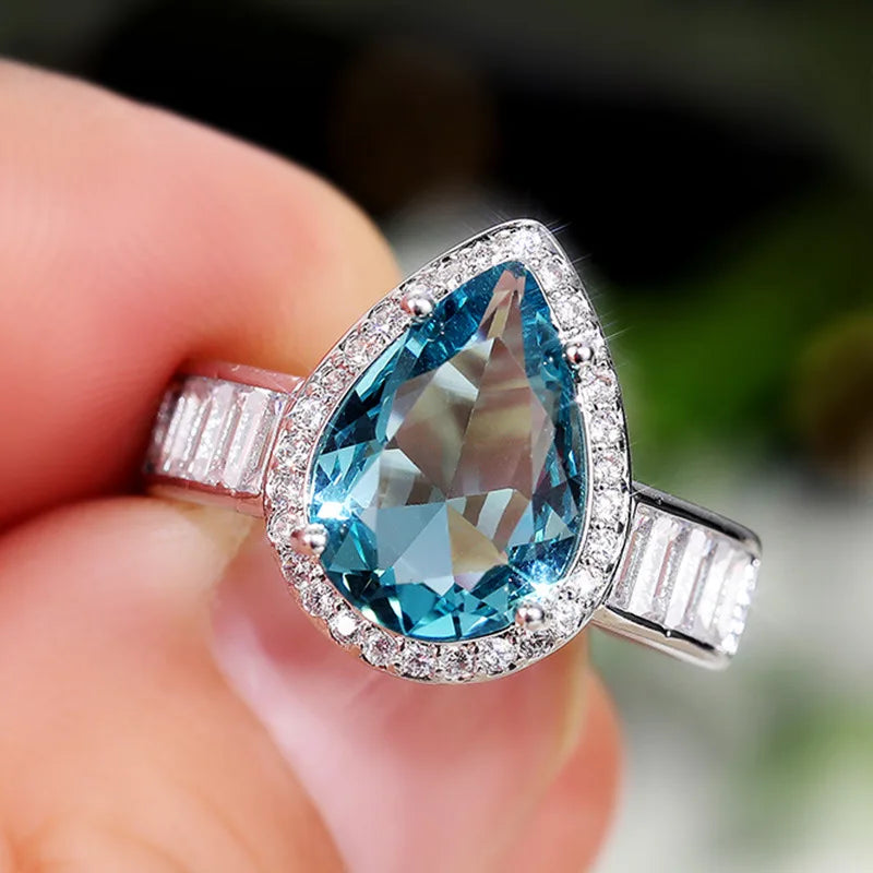 Blue Crystal Wedding Ring Sea Blue Water Drop-shaped Engagement Ring Diamond Women Jewelry