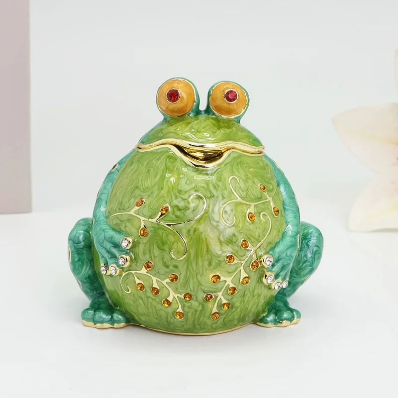 SHINNYGIFTS Rectangle Pewter Enamel Craft Cute Belly Smile Frog Jewelry Box with Crystals Magnetic Closure Trinket Box