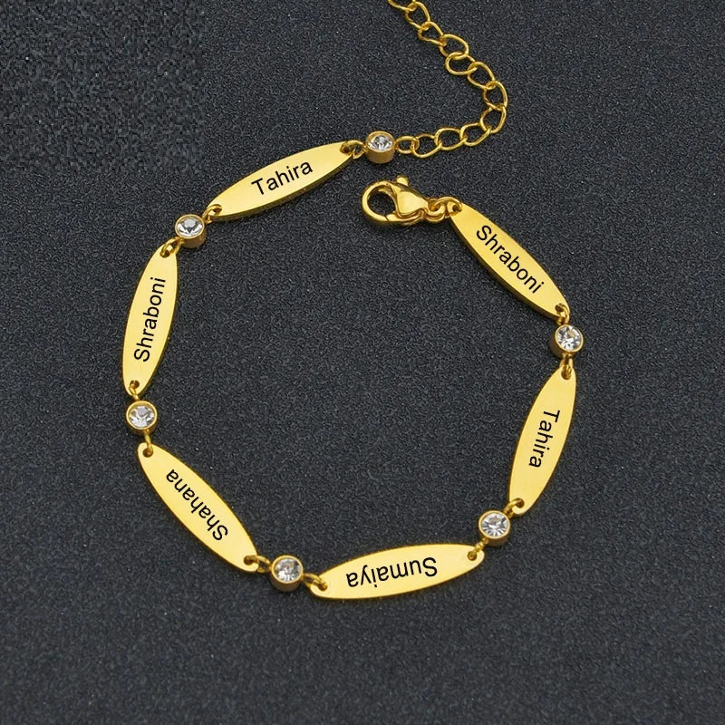 Customizable 18K Gold Plated Stainless Steel Oval Charm Bracelet Classic Geometric Style Family Member Names for Anniversary