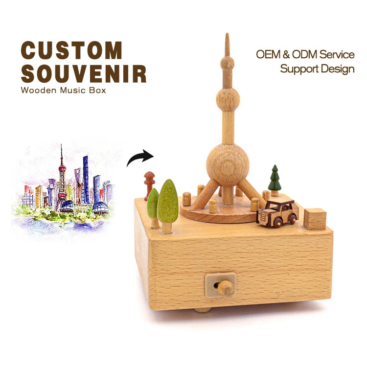 Creative Carton Oriental Pearl Tower Wooden Music Box with Moving Round Car Sky City