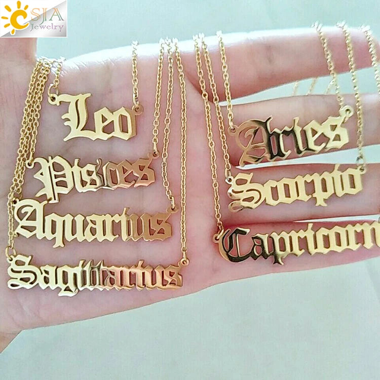 CSJA Hot Old English Necklaces Nameplate 18k Gold Plated Stainless Steel 12 Horoscope Jewelry Zodiac Sign Necklace for Women