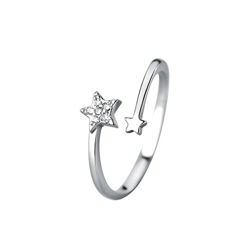 Fine Jewelry 925 Sterling Silver Cubic Zirconia Ring Rhodium Plated Open Adjustable Resizable Stars Rings for Women