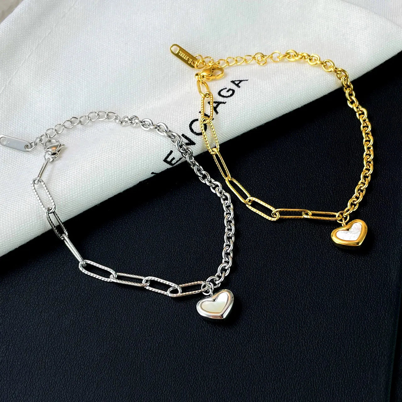 Sample Design 18k Gold Plated Stainless Steel Paper Clip Chain Heart Pendant Bracelet Women Fine Jewelry Gift E-596