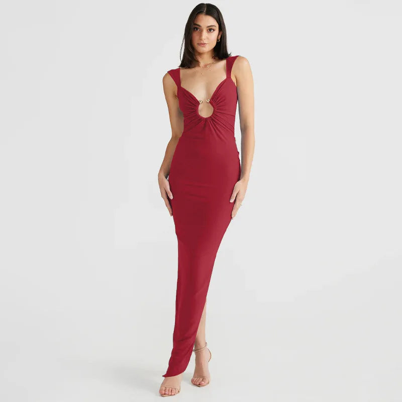 2024 New Women's Prom Dress Sexy V-neck Backless Slit Slim Maxi Dress Hollow Out Stylish Dress for Women