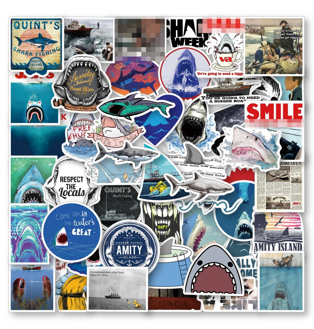 50Pcs Fierce Shark Movie Graffiti Stickers for Luggage Surfboard Decor Sea Surfing Sticker